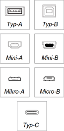 Anschlüsse vom Typ A, Typ B, Mini-A, Mini-B, Micro-A, Micro-B und Typ-C