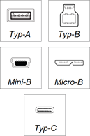 Steckanschlüsse vom Typ A, Typ B, Mini B, Mikro B und Typ C