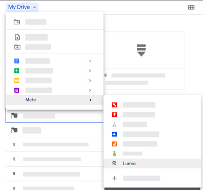 Sie können in Google Drive auf die Lumio-App zugreifen, indem Sie das Menü Neu öffnen und dann zur Option Mehr navigieren.