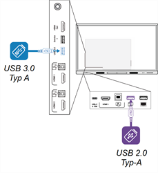 USB-Anschlüsse auf der Vorder- und Rückseite des Displays