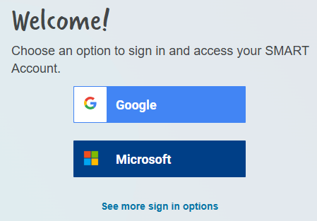 Image of the first step in the SMART account creation wizard. A dialog with two buttons "Sign in with Google" or "Sign in with Microsoft."