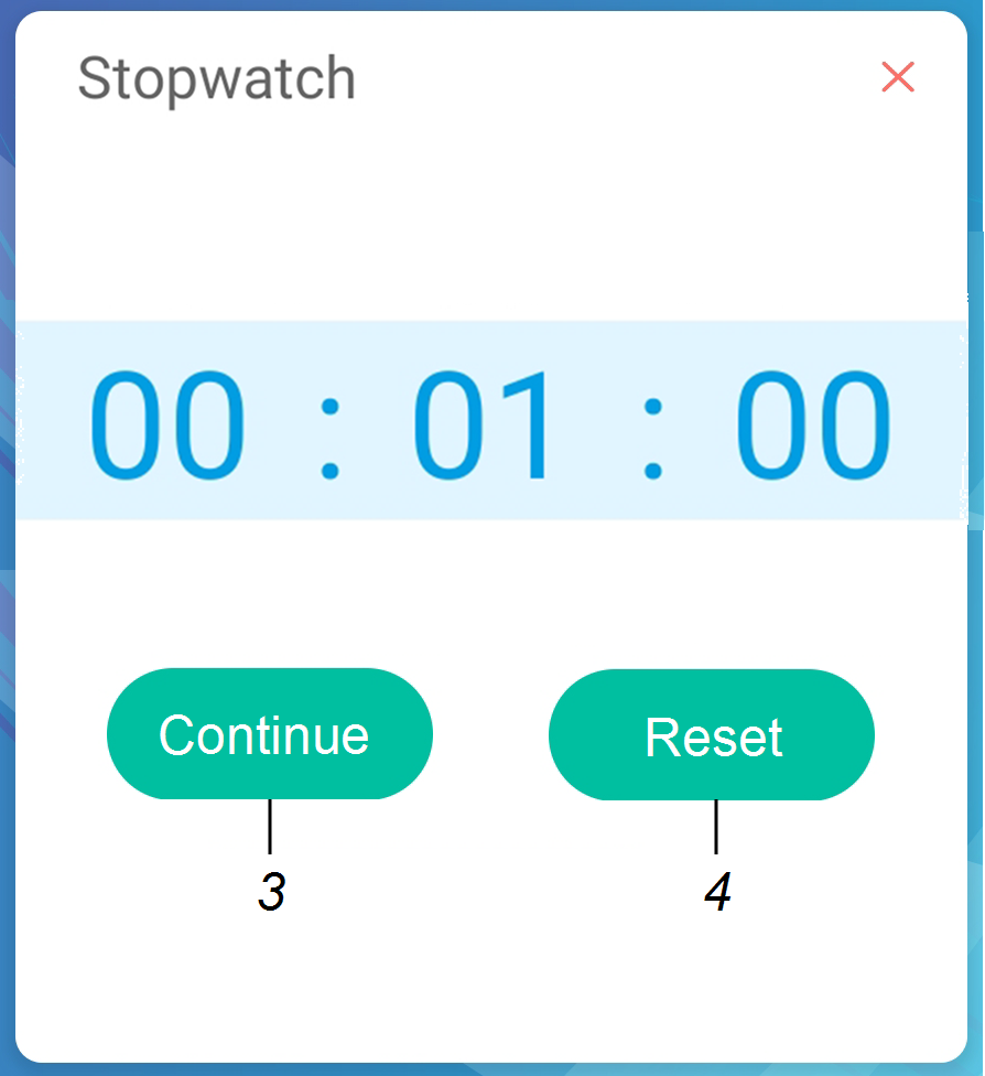 Labels identifying the Timer tool's continue and reset interface buttons