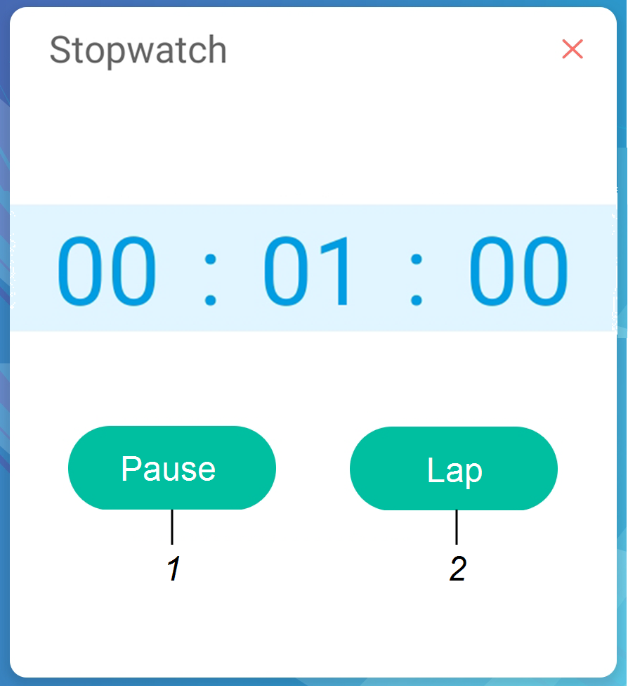 Labels identifying the Timer tool's pause and lap interface buttons