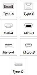 Type-A, Type-B, Mini-A, Mini-B, Micro-A, Micro-B, and Type-C connectors