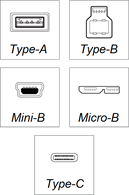 Type-A, Type-B, Mini-B, Micro-B, and Type-C connectors