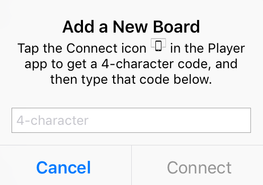 Connection options sceen displays a title that says "Connect with a code" and then the clickable option below is labelled "Add a New Board."