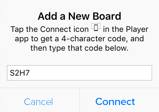 Connection options sceen displays a title that says "Connect with a code" and then the clickable option below is labelled "Add a New Board."