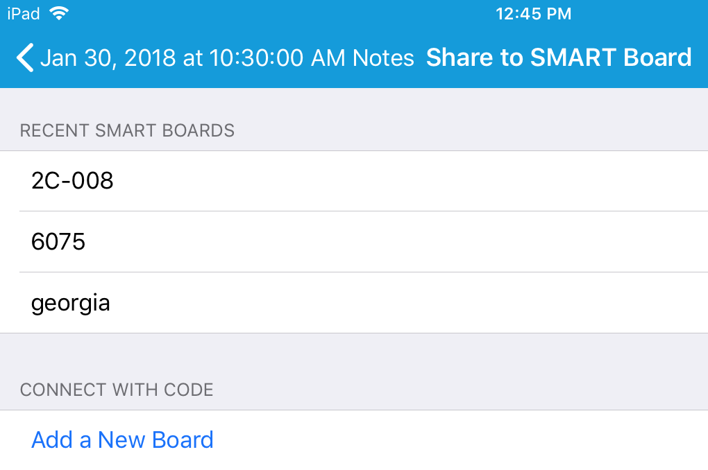 Connection options sceen displays a title that says "Connect with a code" and then the clickable option below is labelled "Add a New Board."