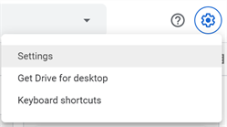 The settings menu in Google Drive.