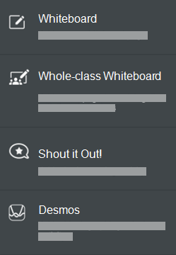 The add page options: Whiteboard, Whole-Class Whiteboard, Shout it Out!, and Desmos acttivities.