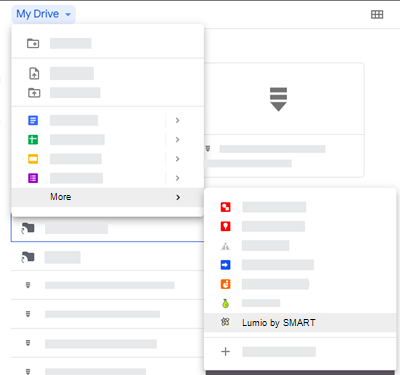 From Google Drive, the Lumio by SMART app is available when you open the New menu and then navigate to the More option.