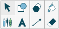 A screenshot displays the Tool panel commands. Top row of panel from left to righ contains the Cursor, Shapes, Regular Polygons, Fill. Bottom row from left to right contains Pens, Text, Lines, and Eraser.