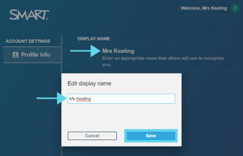 Image of the SMART Account settings page with an arrow pointing to where the display name can be selected and then edited.