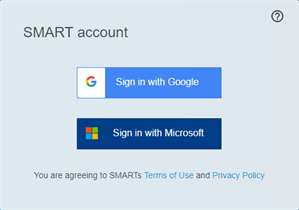 Image of the SMART account setup screen with two buttons to choose between "Sign in with Google" or "Sign in with Microsoft"