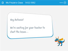 Waiting room image, a cartoon character appears with the message "We're waiting your teacher to start the lesson."