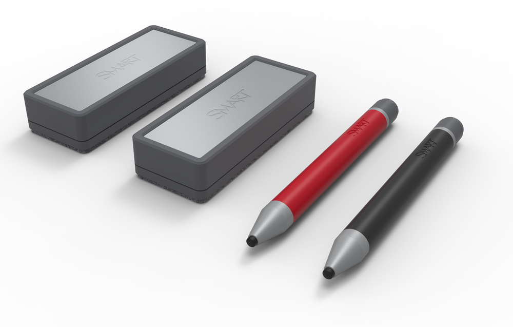 Image of two erasers and one red pen and one black pen