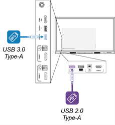 USB receptacles on the back and front of the display