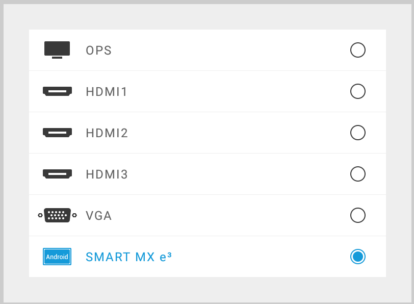 Input menu with SMART MX e3 selected.