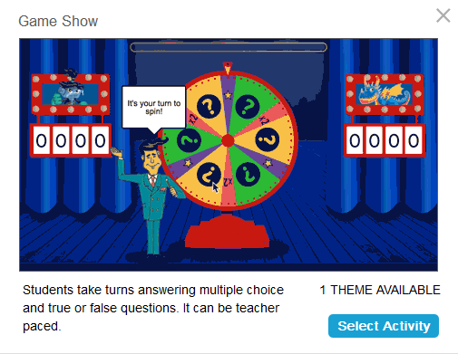 An image of the Game Show activity with the host spinning a question wheel.