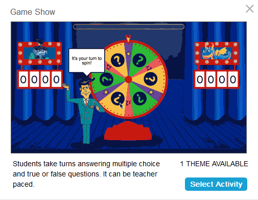 Une image de l'activité Jeu télévisé dans laquelle l'animateur fait tourner une roue de questions.