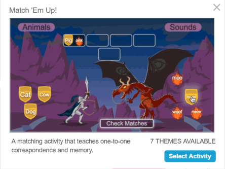 Sample Match 'Em Up! actvity: a list of animals and sounds can be dragged into shared boxes in the center of the page.
