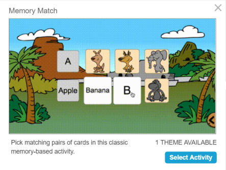 A sample Memory Match activity where students turn up cards and must match words with their first letters.