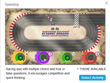 Sampe Speedup activity shows student avatars next to a racetrack. 