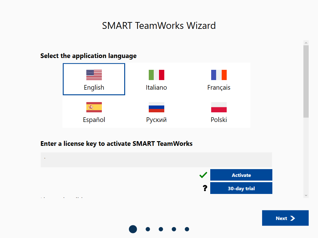 Asistente de SMART TeamWorks con selección de idioma y clave de licencia