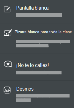 Las opciones de la página de añadir: pizarra blanca, pizarra blanca para toda la clase, actividades de ¡No te lo calles! y desmos.