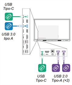 Receptáculos USB en la parte posterior y frontal de la pantalla