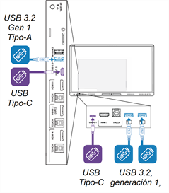 Receptáculos USB en la parte posterior y frontal de la pantalla