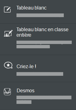 Les options d'ajout de page : activités Tableau blanc, Tableau blanc en classe entière, Criez-le ! et Desmos.