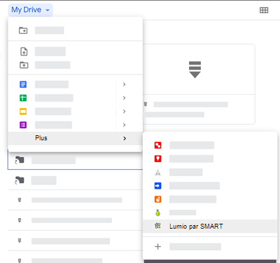 Dans Google Drive, l'application Lumio par SMART est disponible lorsque vous ouvrez le menu Nouveau, puis que vous naviguez jusqu'à l'option Plus.