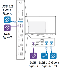 Ports USB situés à l'arrière et à l'avant de l'écran