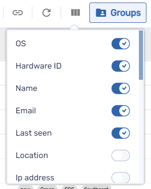 Spalten-Popup-Fenster, in dem die Spalten „Betriebssystem (OS)“, „Hardware-ID“, „Name“, „E-Mail-Adresse“ und „Zuletzt angesehen“ zur Anzeige eingestellt sind