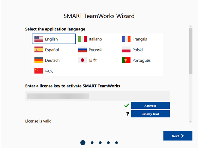 SMART TeamWorks Wizard with language selection and license key